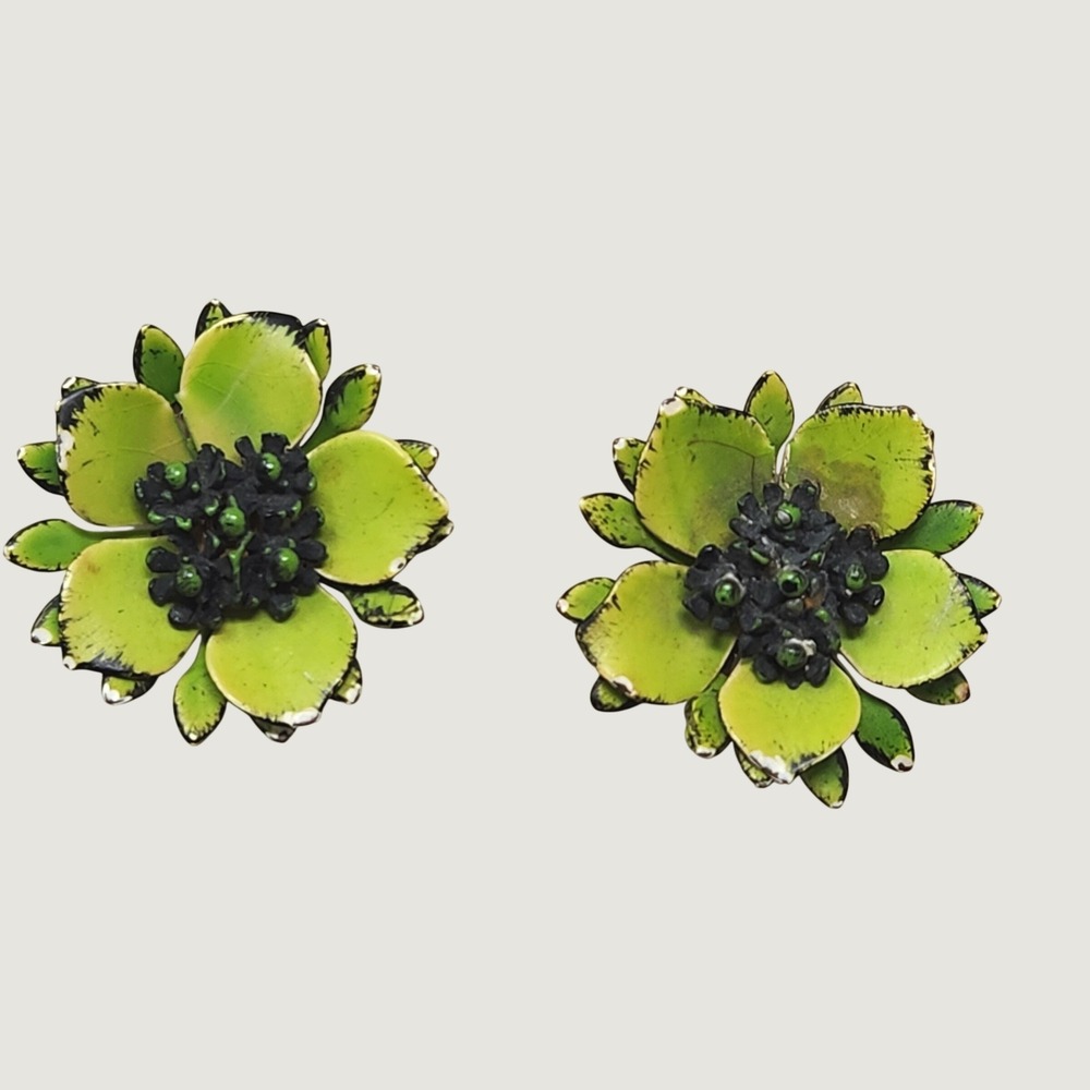 Vintage Enamel Flower Clip On Earrings Mod Pop Art Green Yellow Floral 1960s